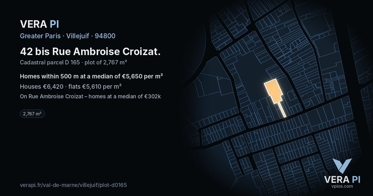 42 bis Rue Ambroise Croizat, Villejuif at night – the plot lit, the parcels around coloured by the prices near them