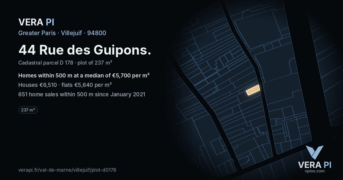 44 Rue des Guipons, Villejuif at night – the plot lit, the parcels around coloured by the prices near them