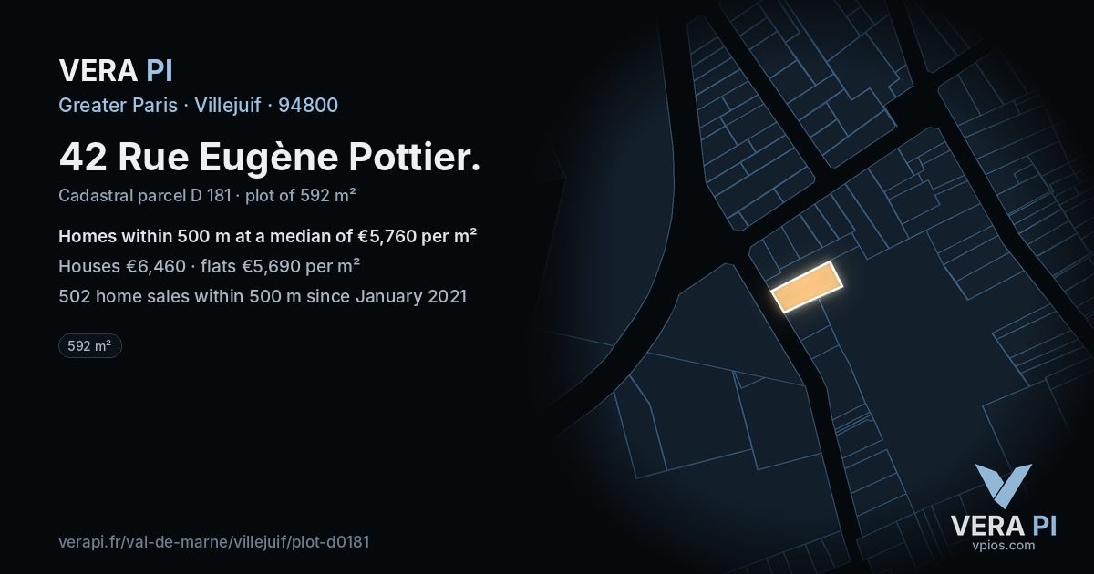 42 Rue Eugène Pottier, Villejuif at night – the plot lit, the parcels around coloured by the prices near them