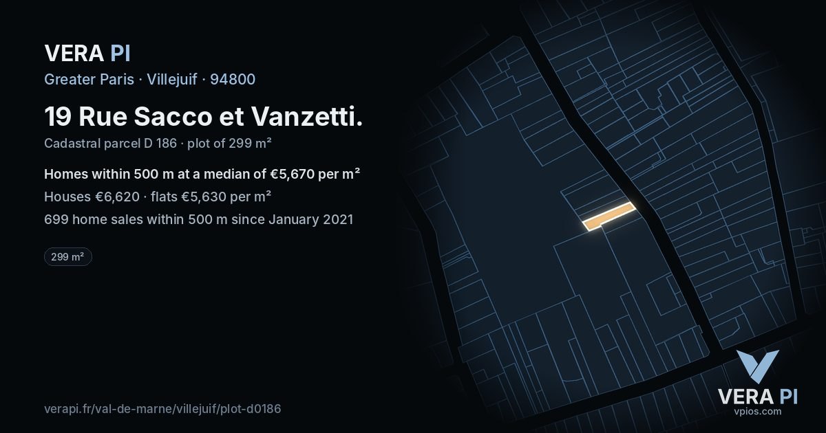 19 Rue Sacco et Vanzetti, Villejuif at night – the plot lit, the parcels around coloured by the prices near them