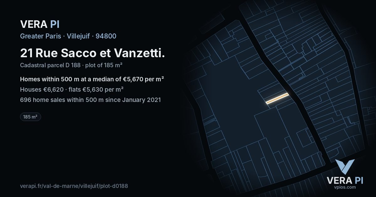 21 Rue Sacco et Vanzetti, Villejuif at night – the plot lit, the parcels around coloured by the prices near them