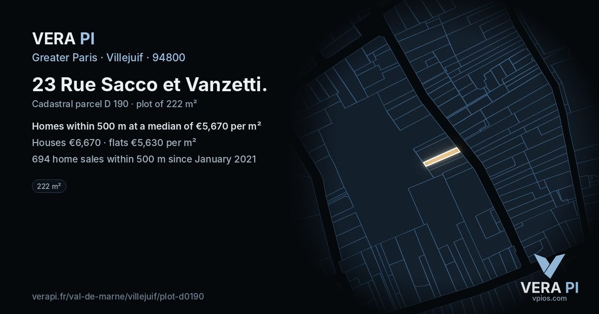 23 Rue Sacco et Vanzetti, Villejuif at night – the plot lit, the parcels around coloured by the prices near them
