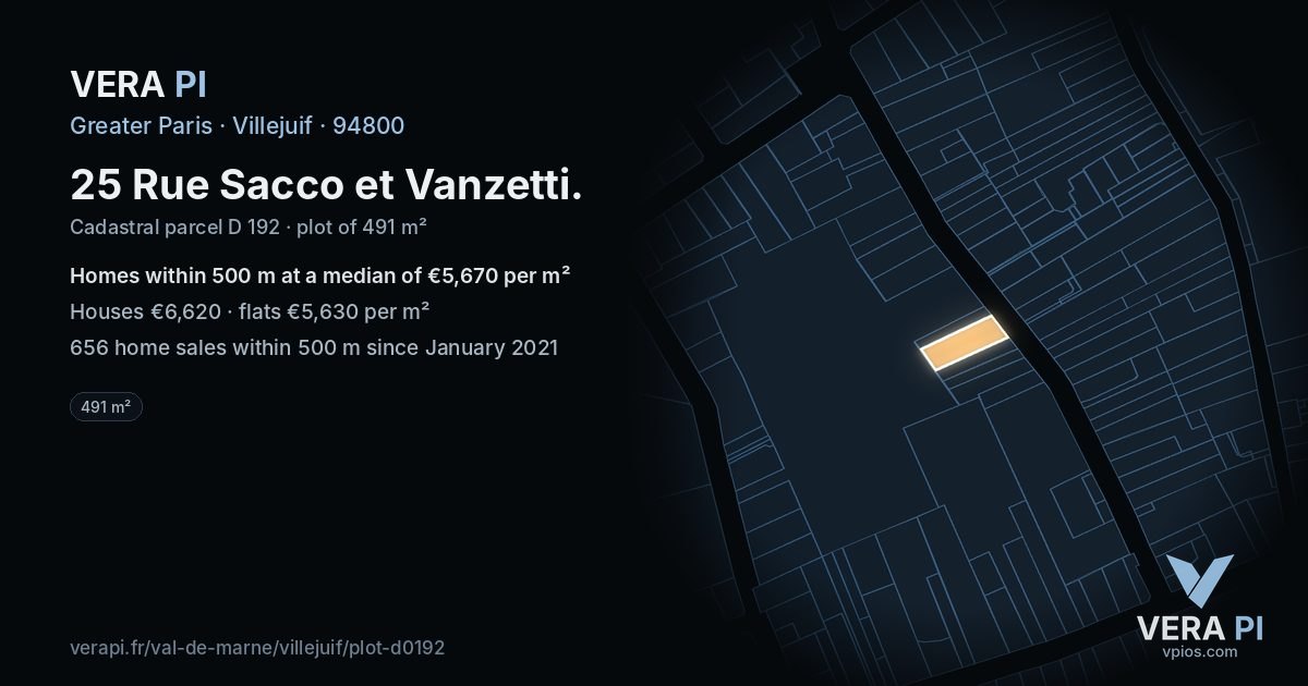 25 Rue Sacco et Vanzetti, Villejuif at night – the plot lit, the parcels around coloured by the prices near them