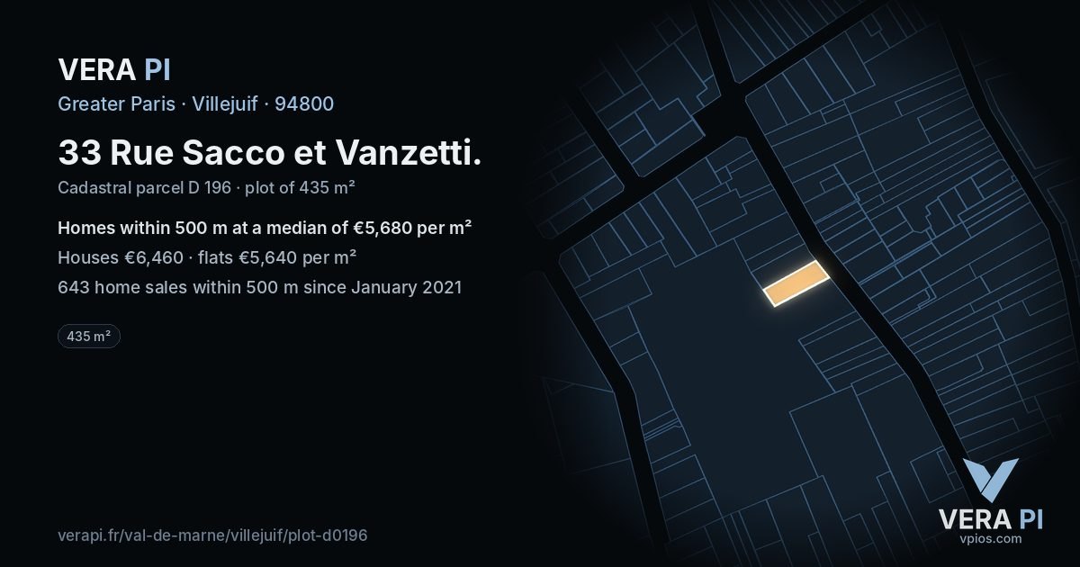 33 Rue Sacco et Vanzetti, Villejuif at night – the plot lit, the parcels around coloured by the prices near them