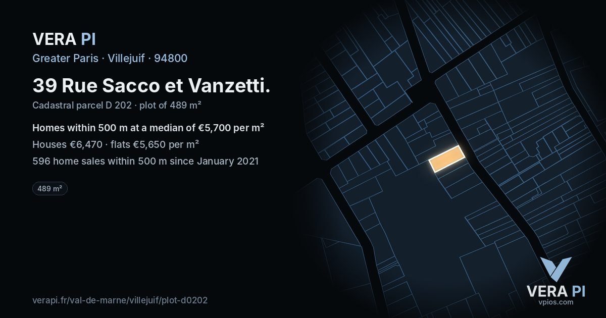 39 Rue Sacco et Vanzetti, Villejuif at night – the plot lit, the parcels around coloured by the prices near them
