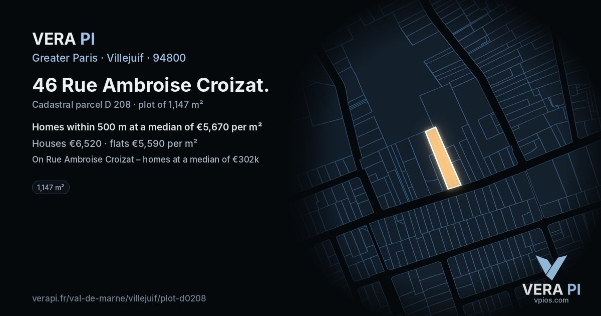 46 Rue Ambroise Croizat, Villejuif at night – the plot lit, the parcels around coloured by the prices near them