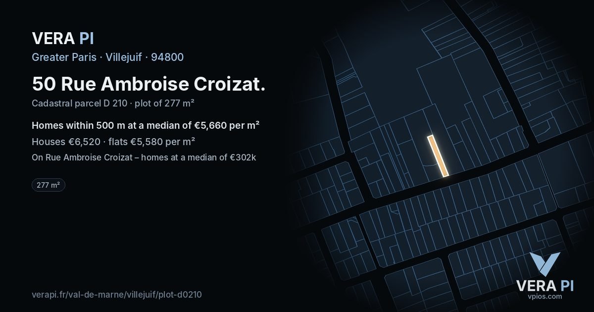 50 Rue Ambroise Croizat, Villejuif at night – the plot lit, the parcels around coloured by the prices near them