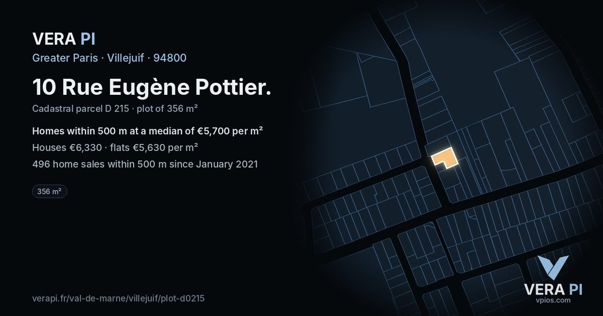 10 Rue Eugène Pottier, Villejuif at night – the plot lit, the parcels around coloured by the prices near them