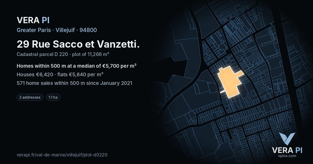 29 Rue Sacco et Vanzetti, Villejuif at night – the plot lit, the parcels around coloured by the prices near them