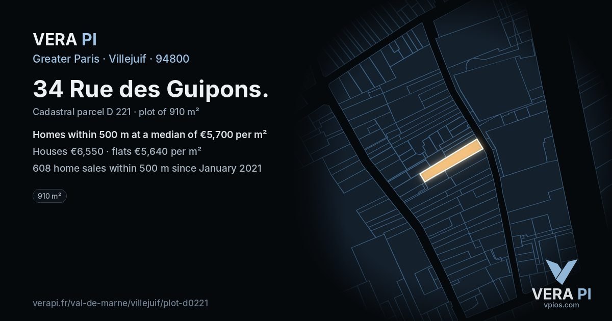 34 Rue des Guipons, Villejuif at night – the plot lit, the parcels around coloured by the prices near them