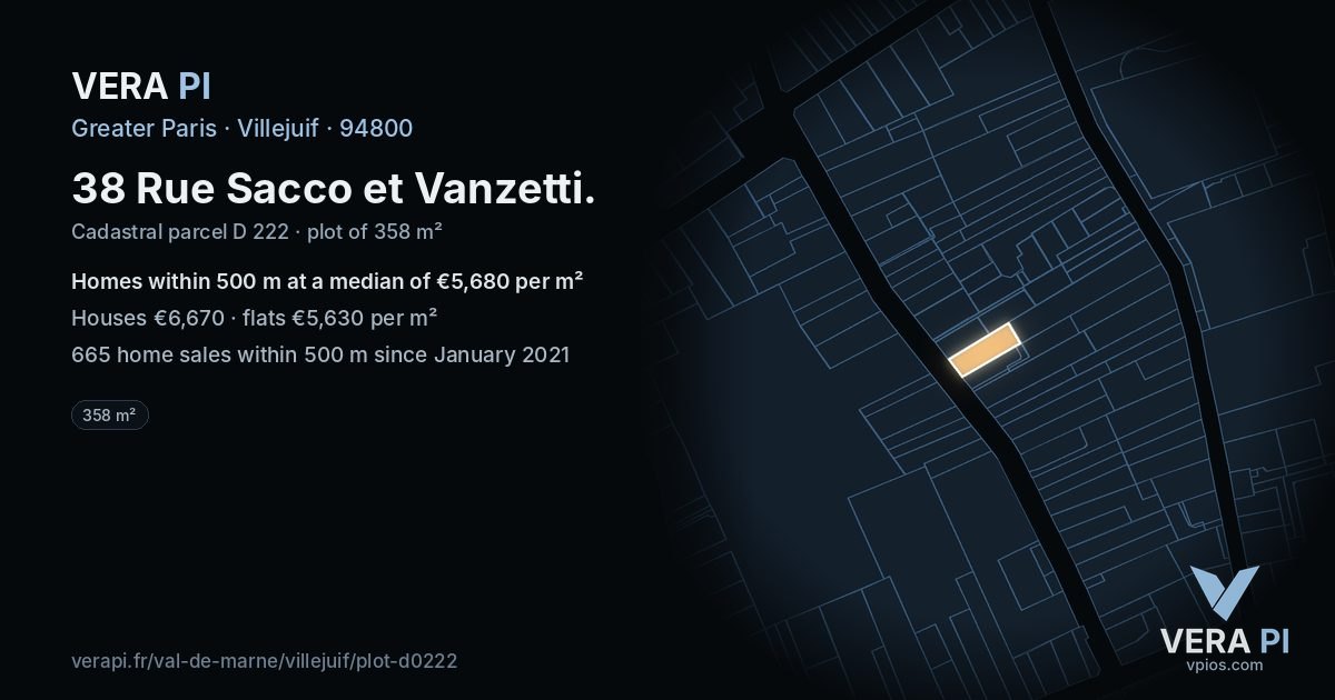 38 Rue Sacco et Vanzetti, Villejuif at night – the plot lit, the parcels around coloured by the prices near them