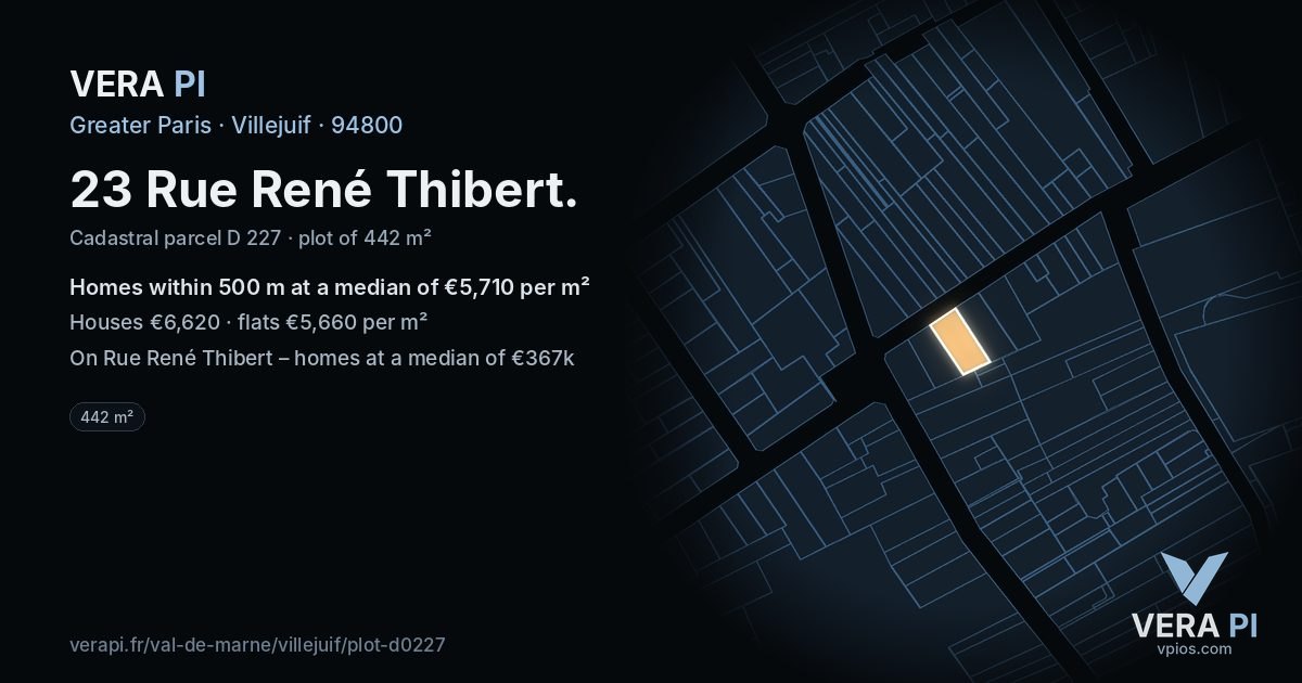 23 Rue René Thibert, Villejuif at night – the plot lit, the parcels around coloured by the prices near them