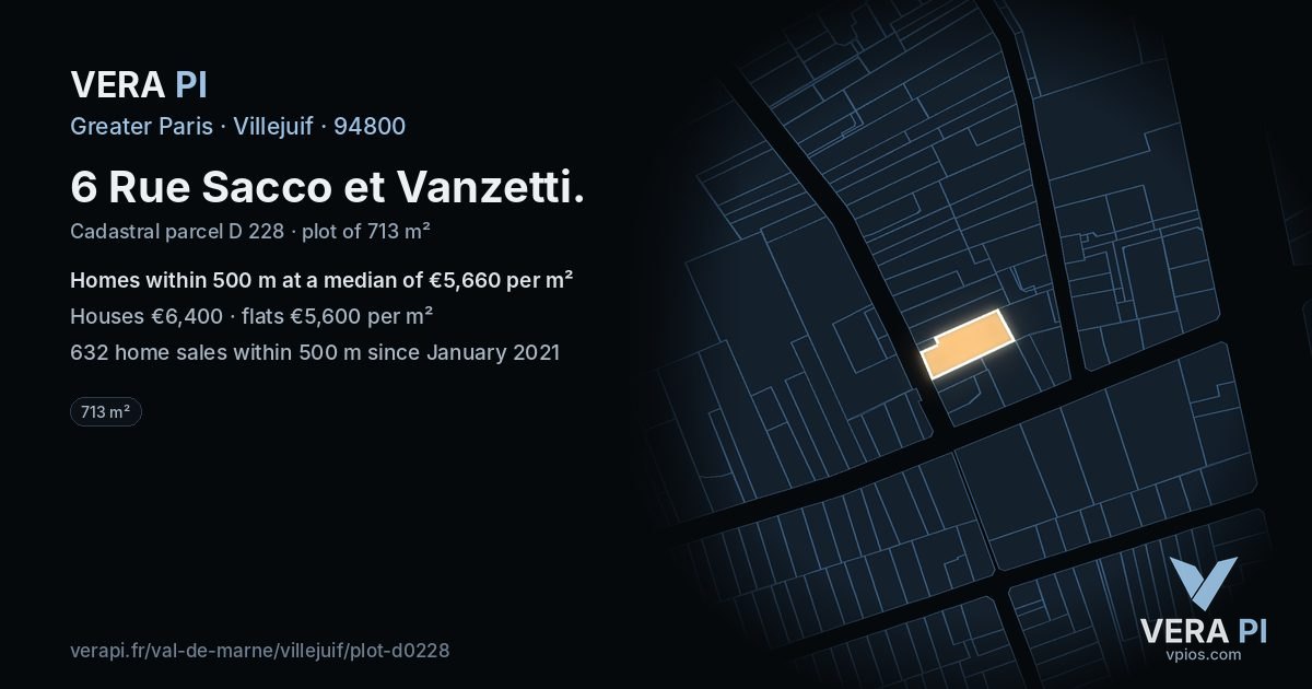 6 Rue Sacco et Vanzetti, Villejuif at night – the plot lit, the parcels around coloured by the prices near them