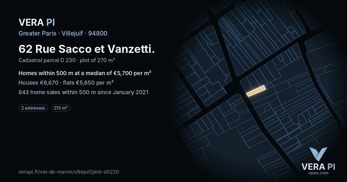 62 Rue Sacco et Vanzetti, Villejuif at night – the plot lit, the parcels around coloured by the prices near them