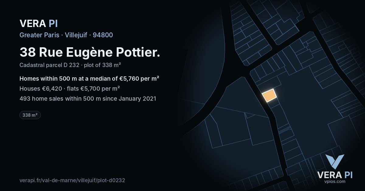 38 Rue Eugène Pottier, Villejuif at night – the plot lit, the parcels around coloured by the prices near them