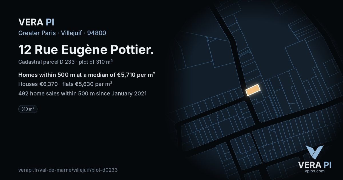 12 Rue Eugène Pottier, Villejuif at night – the plot lit, the parcels around coloured by the prices near them