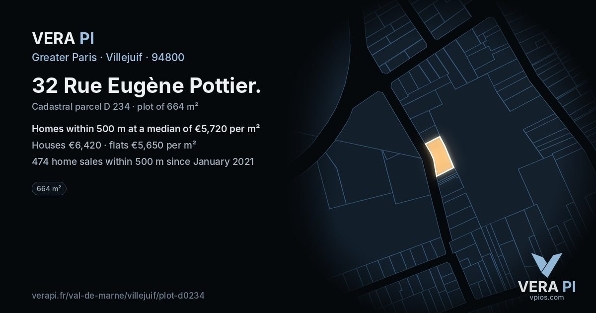 32 Rue Eugène Pottier, Villejuif at night – the plot lit, the parcels around coloured by the prices near them