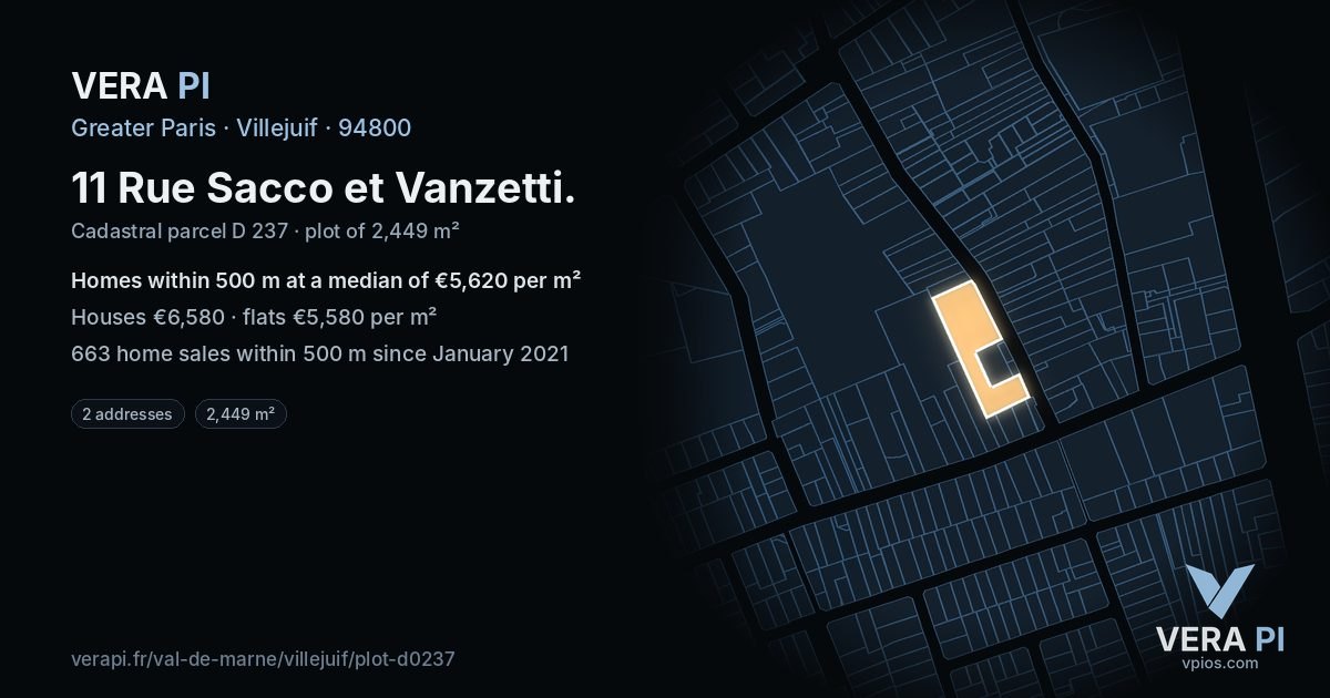 11 Rue Sacco et Vanzetti, Villejuif at night – the plot lit, the parcels around coloured by the prices near them