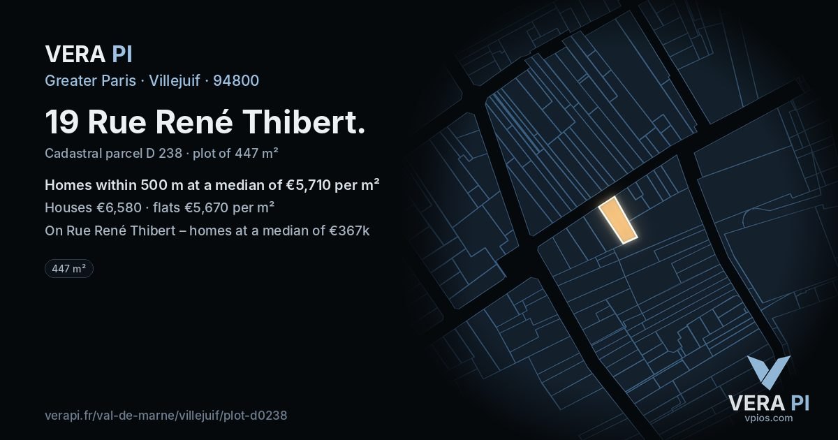 19 Rue René Thibert, Villejuif at night – the plot lit, the parcels around coloured by the prices near them