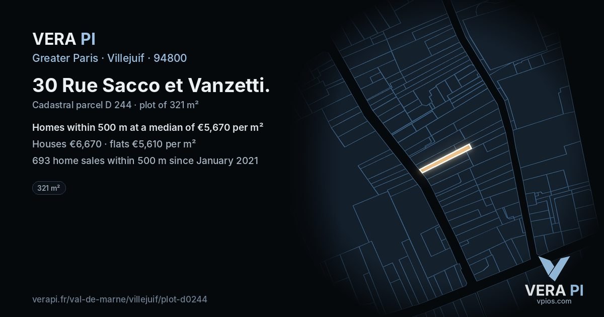 30 Rue Sacco et Vanzetti, Villejuif at night – the plot lit, the parcels around coloured by the prices near them