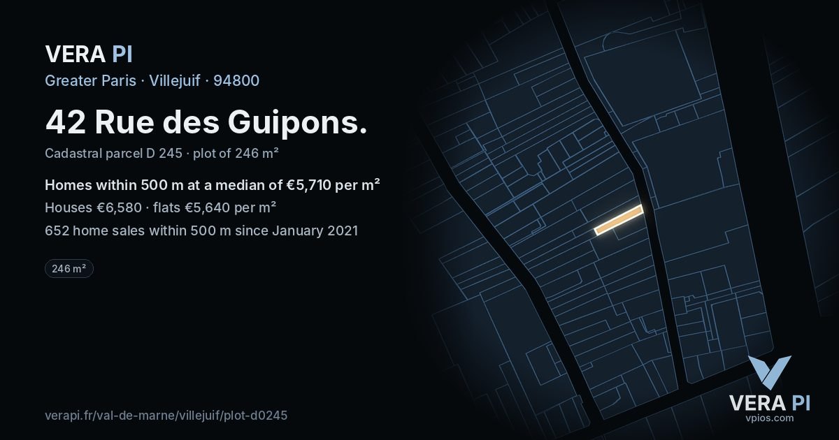 42 Rue des Guipons, Villejuif at night – the plot lit, the parcels around coloured by the prices near them