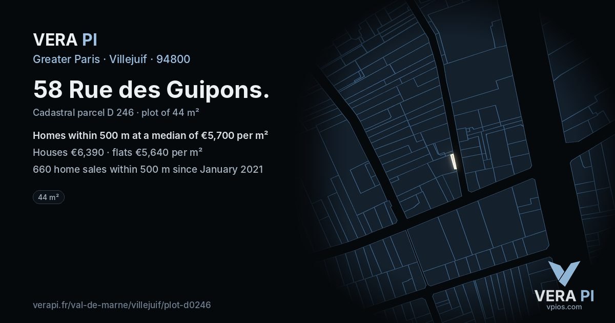 58 Rue des Guipons, Villejuif at night – the plot lit, the parcels around coloured by the prices near them