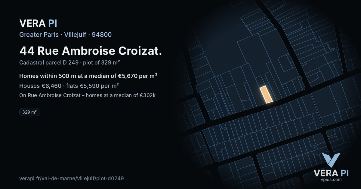 44 Rue Ambroise Croizat, Villejuif at night – the plot lit, the parcels around coloured by the prices near them