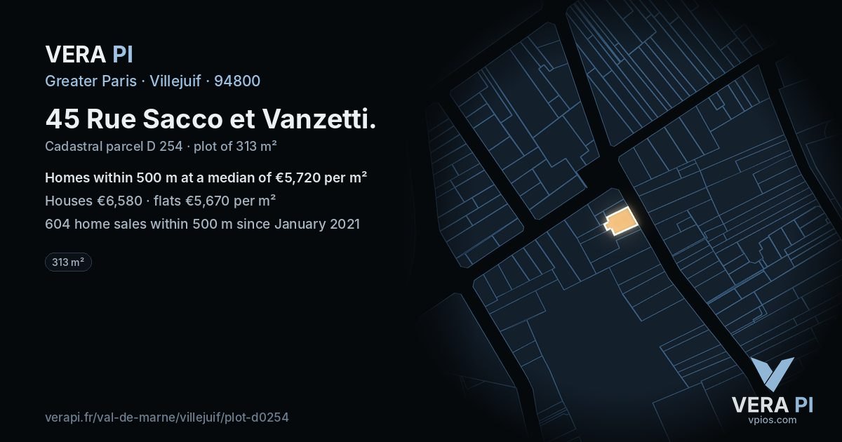 45 Rue Sacco et Vanzetti, Villejuif at night – the plot lit, the parcels around coloured by the prices near them