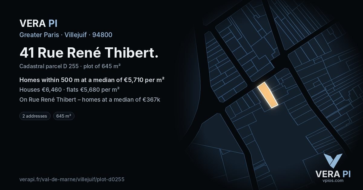 41 Rue René Thibert, Villejuif at night – the plot lit, the parcels around coloured by the prices near them