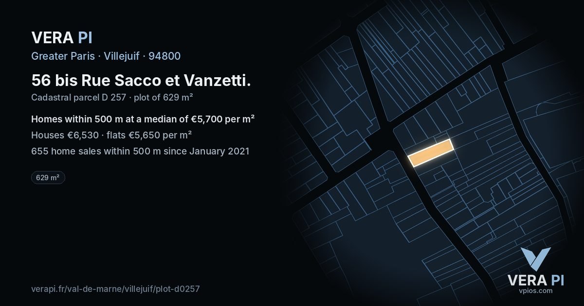 56 bis Rue Sacco et Vanzetti, Villejuif at night – the plot lit, the parcels around coloured by the prices near them