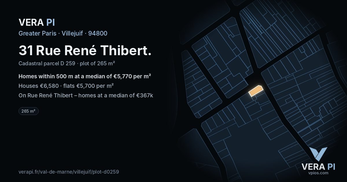 31 Rue René Thibert, Villejuif at night – the plot lit, the parcels around coloured by the prices near them
