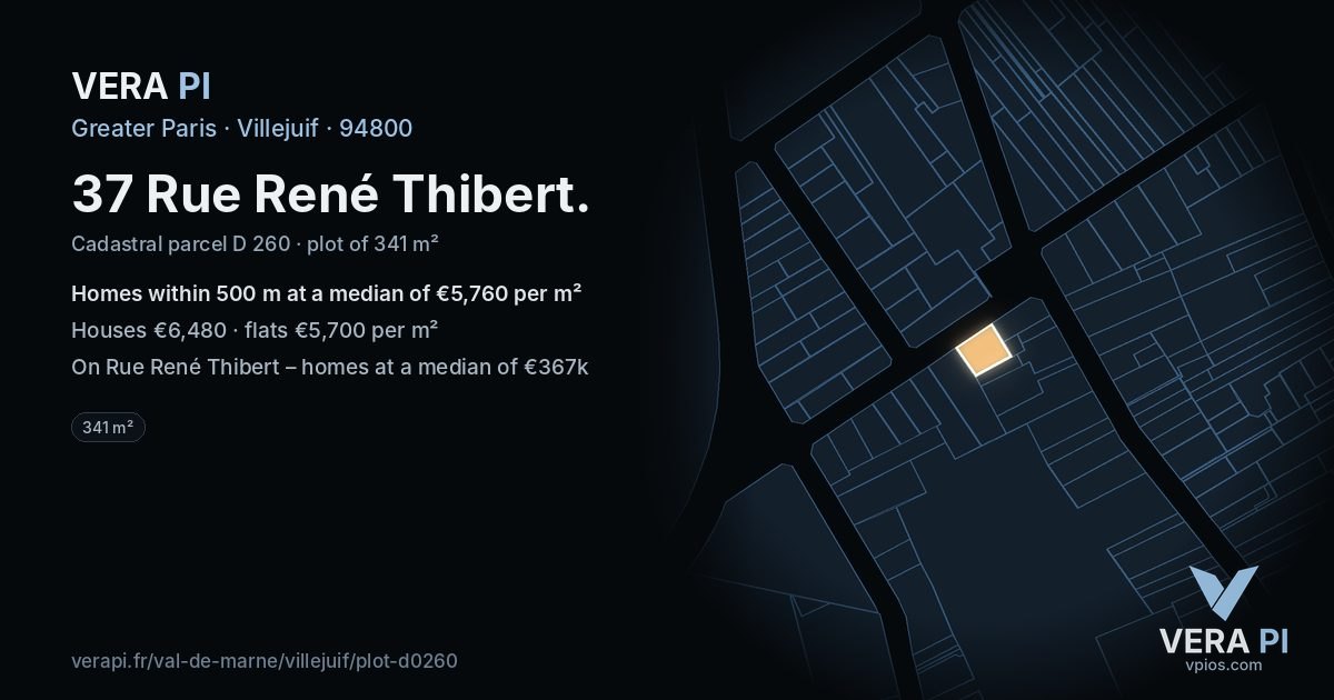 37 Rue René Thibert, Villejuif at night – the plot lit, the parcels around coloured by the prices near them