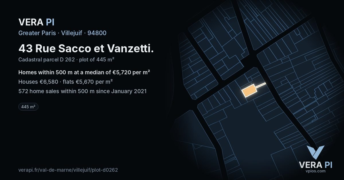 43 Rue Sacco et Vanzetti, Villejuif at night – the plot lit, the parcels around coloured by the prices near them