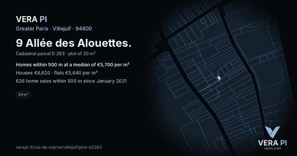 9 Allée des Alouettes, Villejuif at night – the plot lit, the parcels around coloured by the prices near them