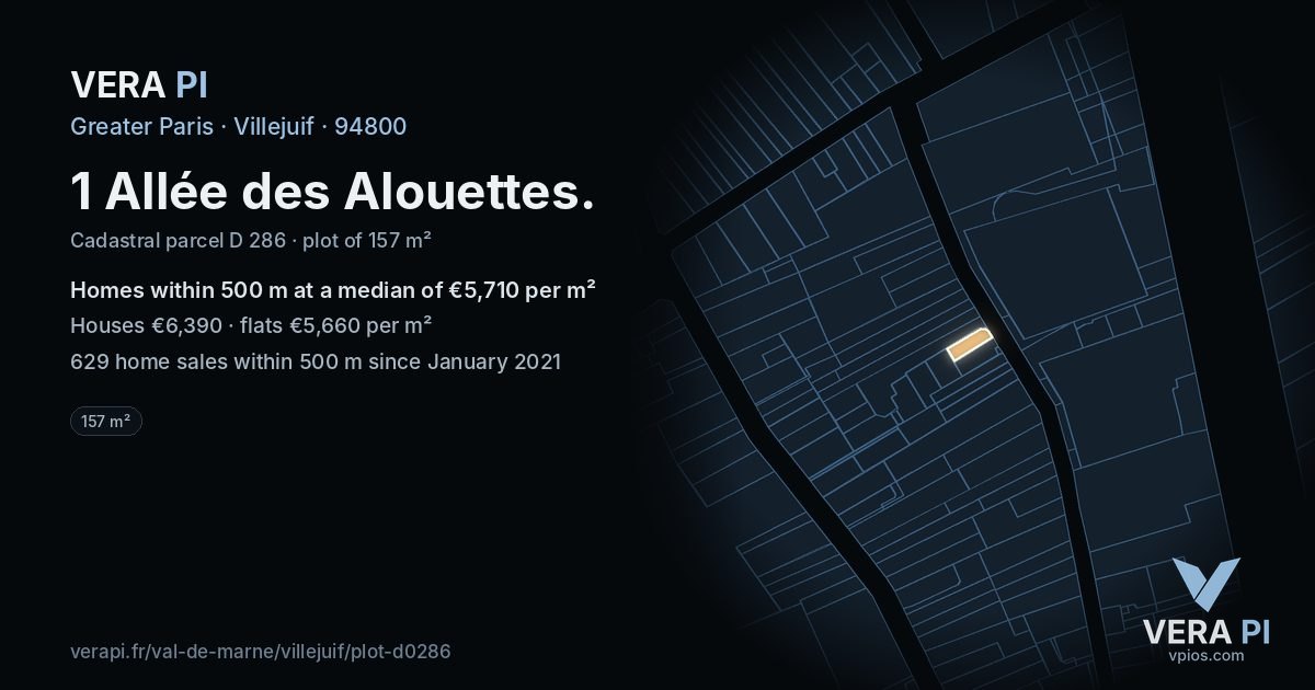 1 Allée des Alouettes, Villejuif at night – the plot lit, the parcels around coloured by the prices near them