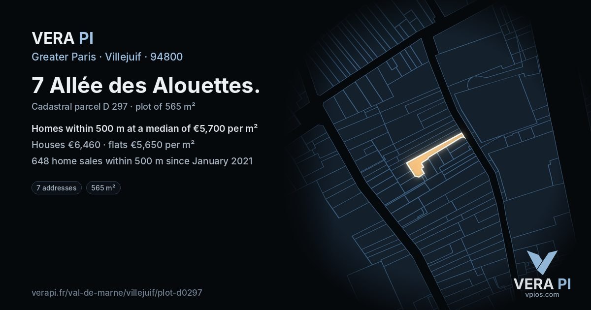 7 Allée des Alouettes, Villejuif at night – the plot lit, the parcels around coloured by the prices near them