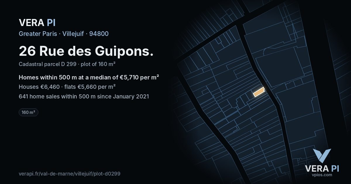 26 Rue des Guipons, Villejuif at night – the plot lit, the parcels around coloured by the prices near them