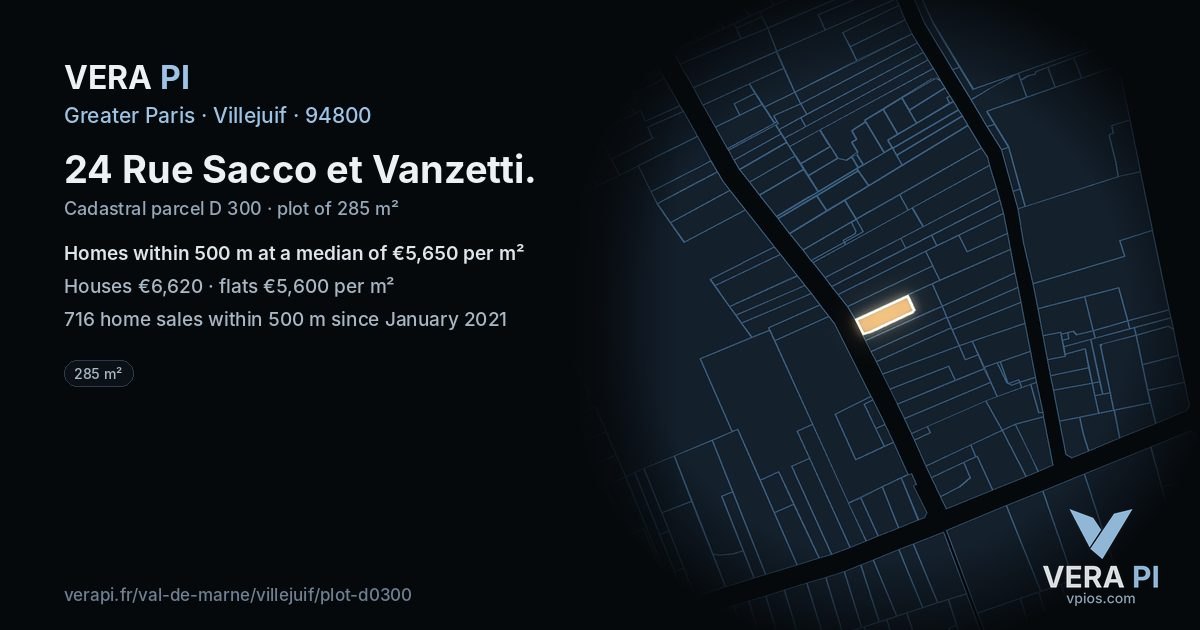 24 Rue Sacco et Vanzetti, Villejuif at night – the plot lit, the parcels around coloured by the prices near them