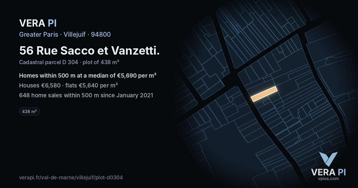 56 Rue Sacco et Vanzetti, Villejuif at night – the plot lit, the parcels around coloured by the prices near them