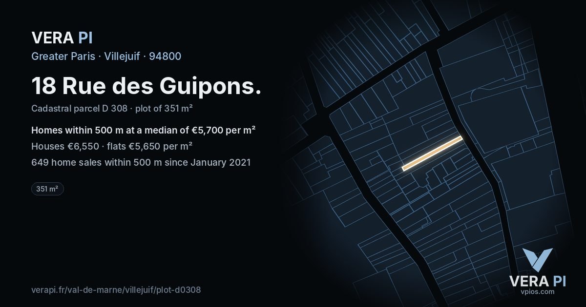18 Rue des Guipons, Villejuif at night – the plot lit, the parcels around coloured by the prices near them