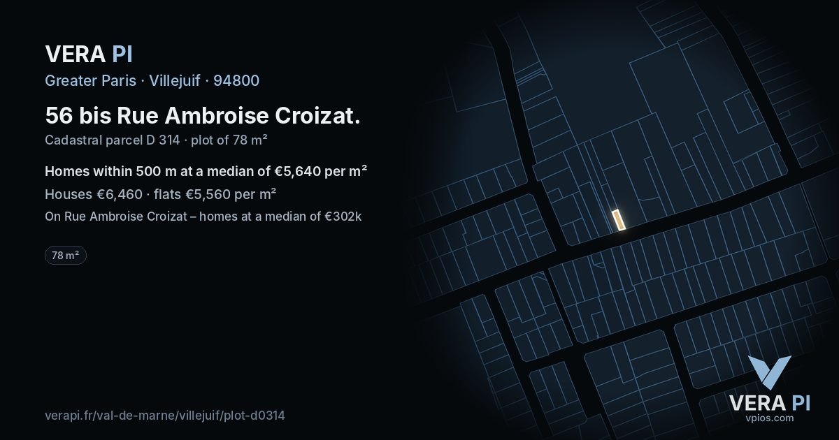 56 bis Rue Ambroise Croizat, Villejuif at night – the plot lit, the parcels around coloured by the prices near them
