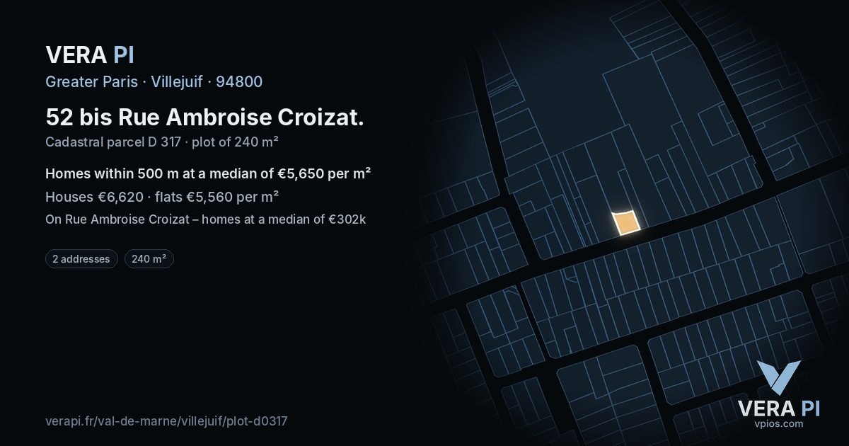 52 bis Rue Ambroise Croizat, Villejuif at night – the plot lit, the parcels around coloured by the prices near them