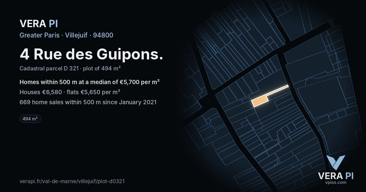 4 Rue des Guipons, Villejuif at night – the plot lit, the parcels around coloured by the prices near them