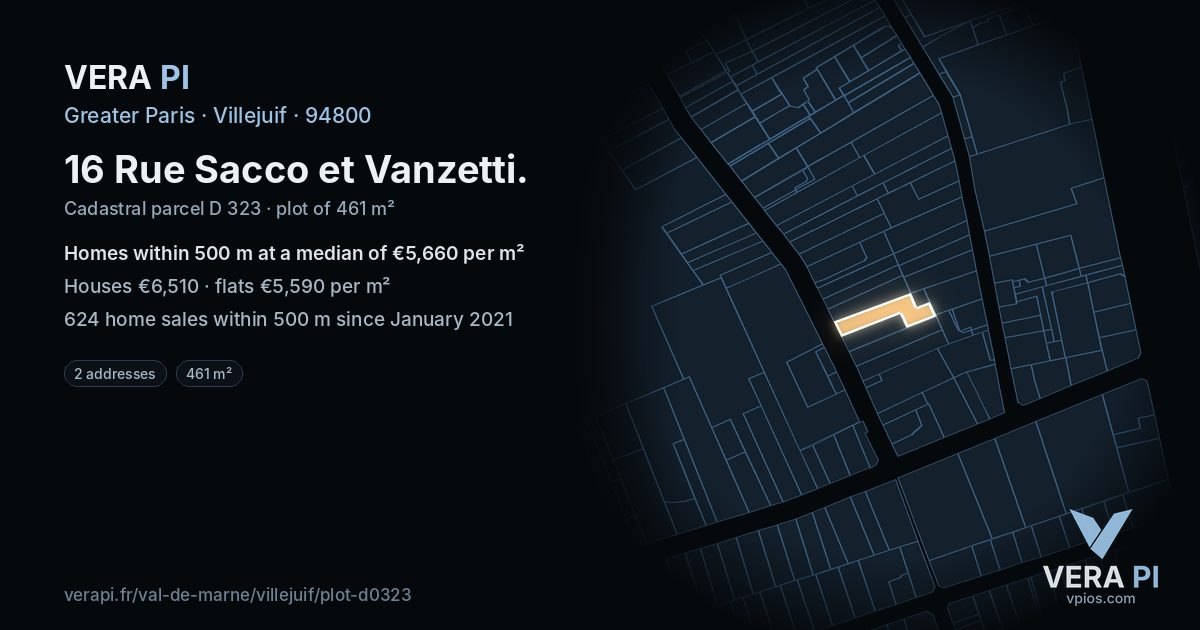 16 Rue Sacco et Vanzetti, Villejuif at night – the plot lit, the parcels around coloured by the prices near them