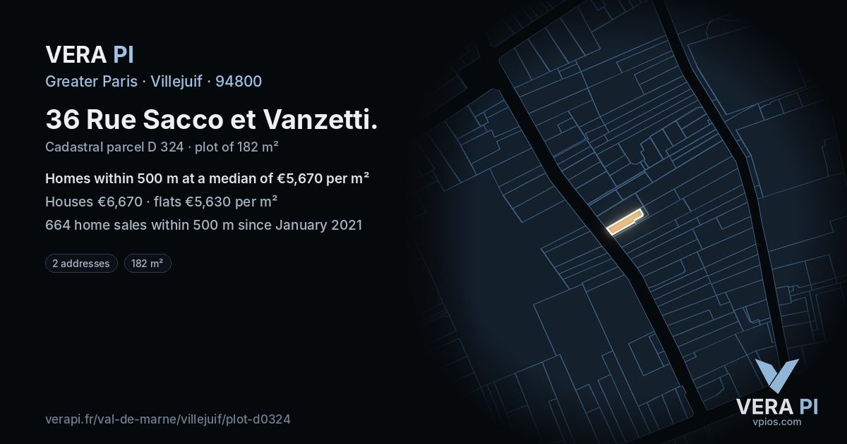 36 Rue Sacco et Vanzetti, Villejuif at night – the plot lit, the parcels around coloured by the prices near them