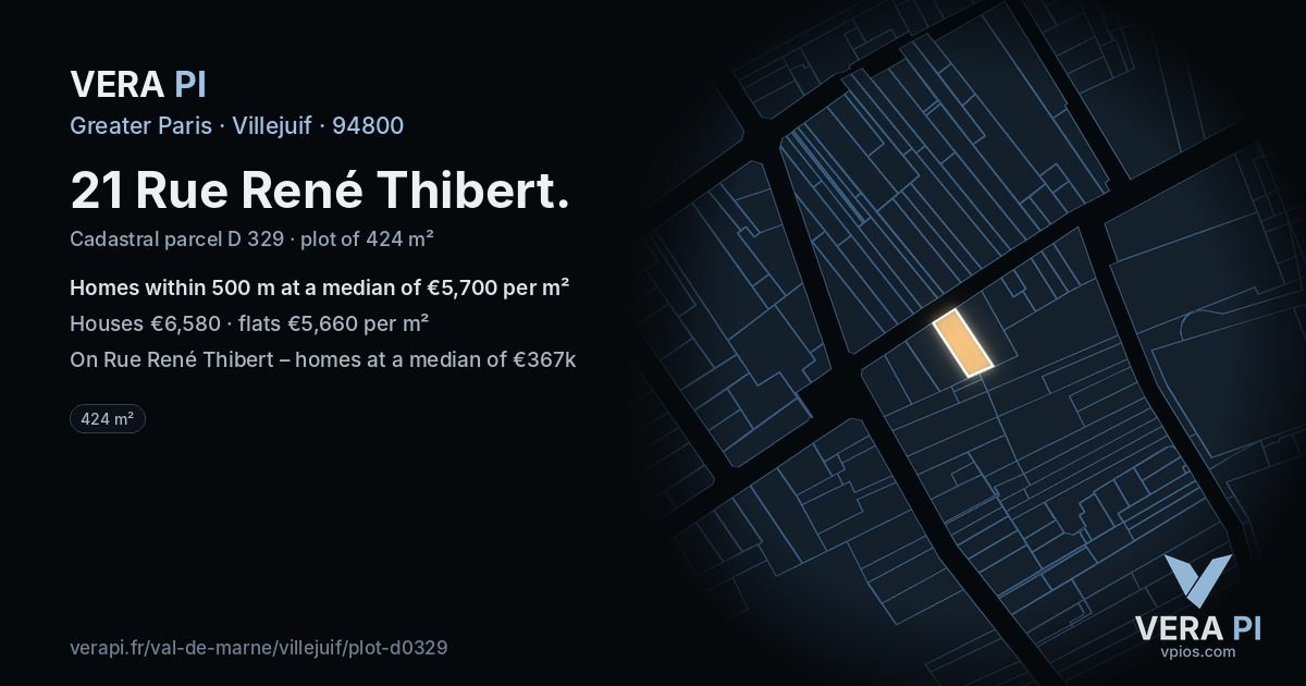 21 Rue René Thibert, Villejuif at night – the plot lit, the parcels around coloured by the prices near them