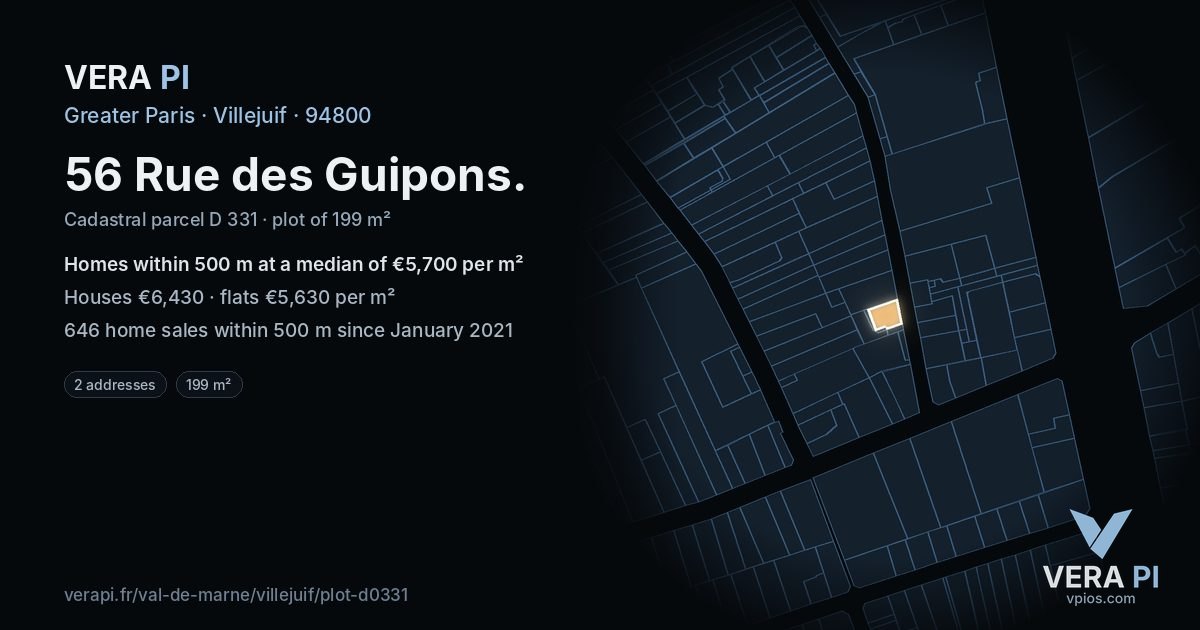 56 Rue des Guipons, Villejuif at night – the plot lit, the parcels around coloured by the prices near them