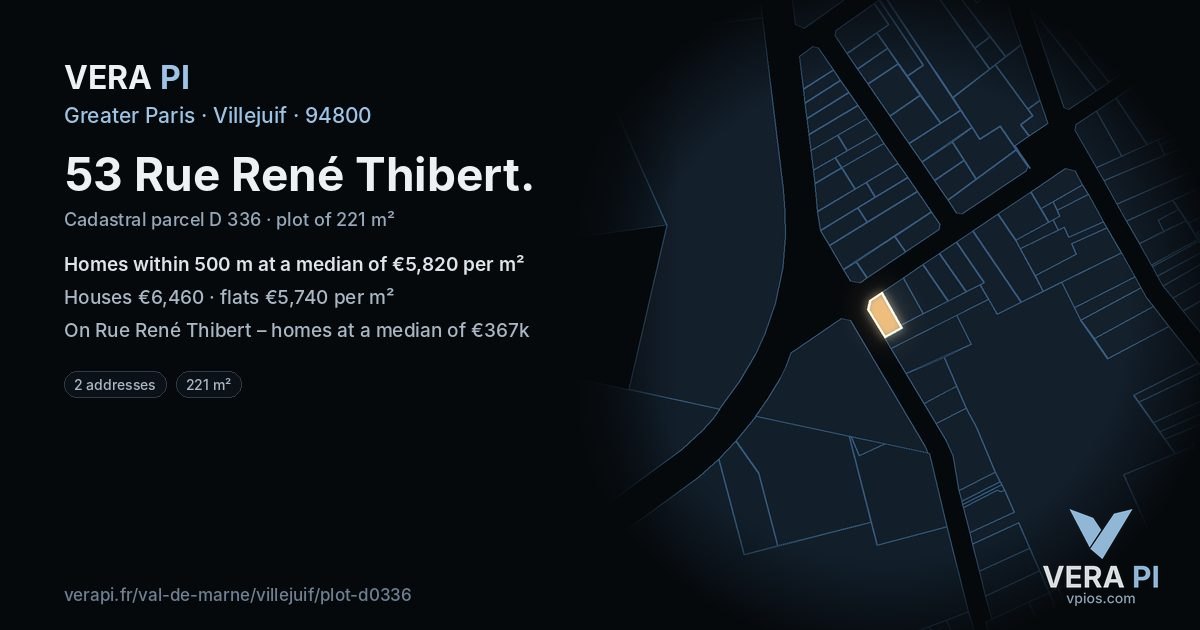 53 Rue René Thibert, Villejuif at night – the plot lit, the parcels around coloured by the prices near them