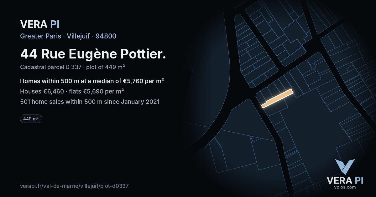 44 Rue Eugène Pottier, Villejuif at night – the plot lit, the parcels around coloured by the prices near them