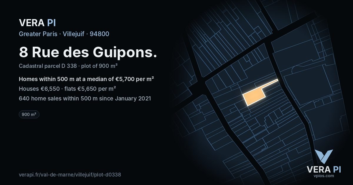 8 Rue des Guipons, Villejuif at night – the plot lit, the parcels around coloured by the prices near them
